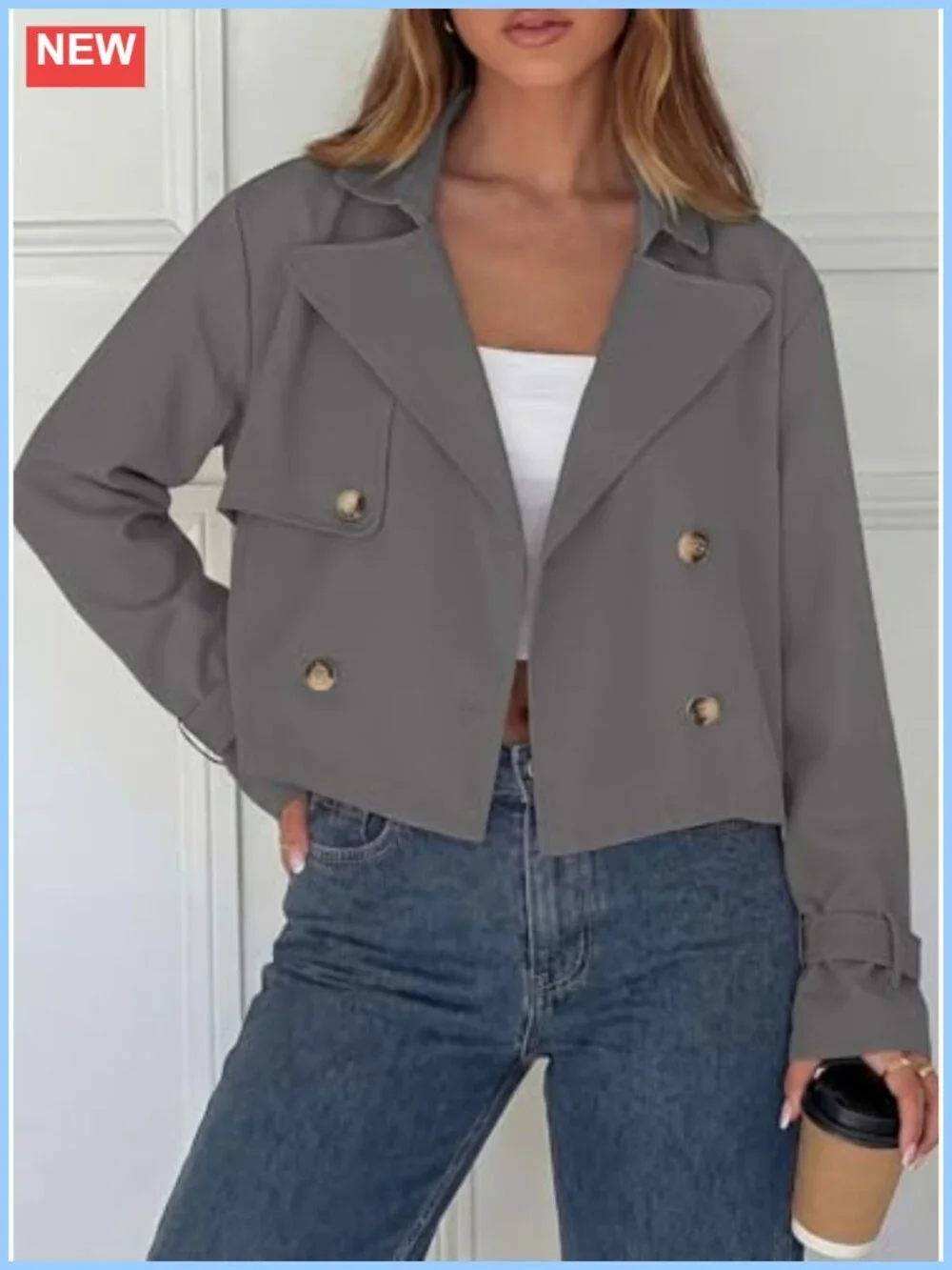 Cropped Trench Coat Women Short Double Breasted Jacket Cotton Blend